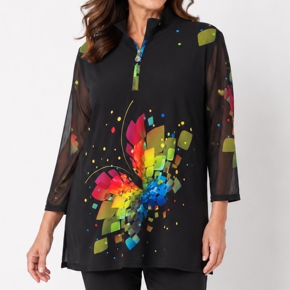 Valentina Womens Black Rainbow Butterfly Mesh Sleeve Quarter Zip Tunic Top Large